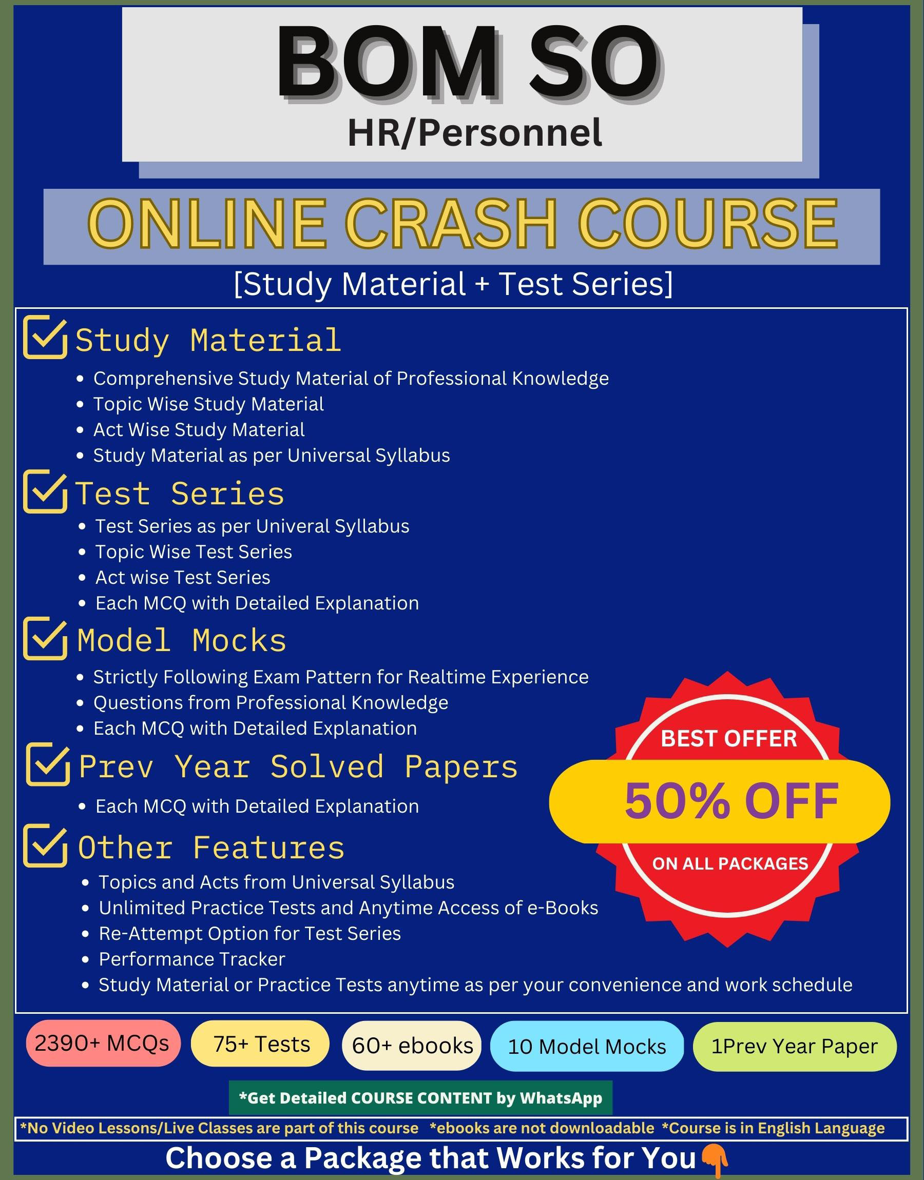 Online course with test series and study materials for BOM SO Personnel HR Exam